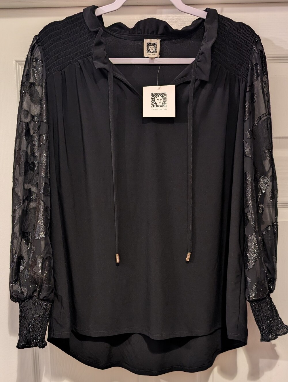 Anne Klein NWT Black Ruffle Tie Keyhole Neck Blouse Sheer Statement Sleeve M